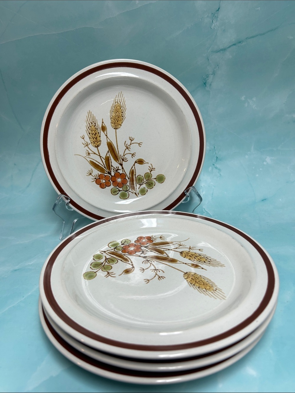 FESTIVAL Stoneware salad Plate Automn harvest Wheat & Floral Motif - Brown Trim